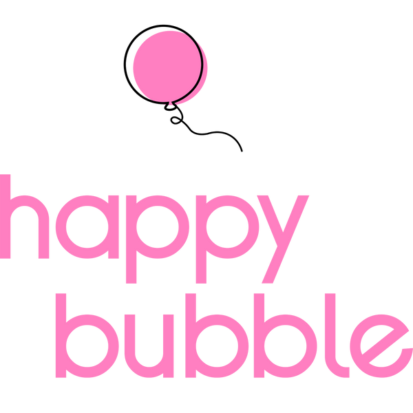 Happy Bubble Logo with pink balloon and text 'happy bubble' on a white background
